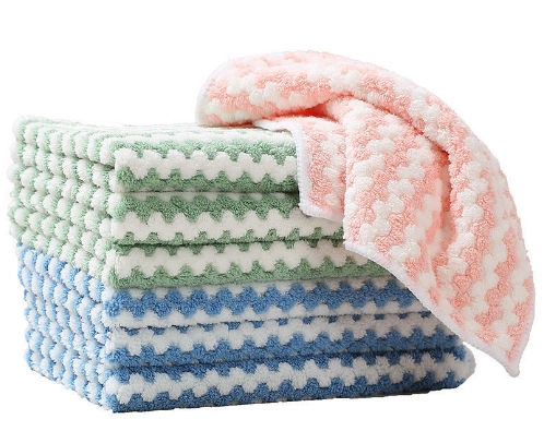 厨房加厚强吸水抹布锁边条纹家用清洁珊瑚绒洗碗布不粘油百洁布